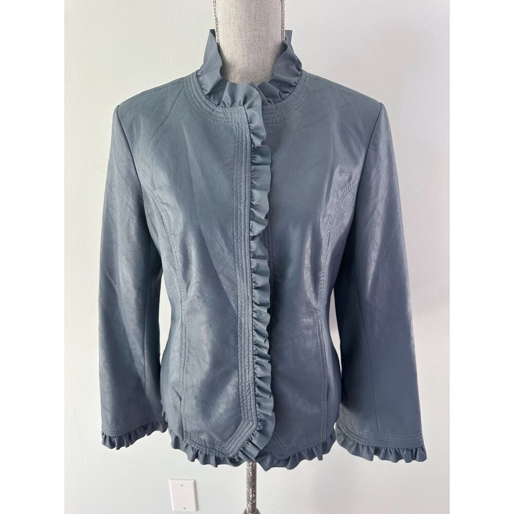 Blue Faux Leather Ruffled Collar Jacket Womens Size M Fitted Lightweight Coat